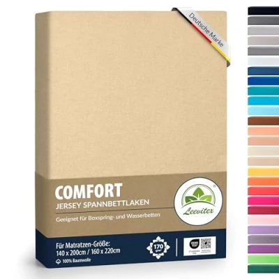 Abbildung von leevitex® Premium Spannbettlaken 140x200 160x220 cm 40 Steg auch für Boxspringbett &amp; Wasserbett 100% Mako Jersey Baumwolle ÖKO TEX 170g/m² Düne/Sand