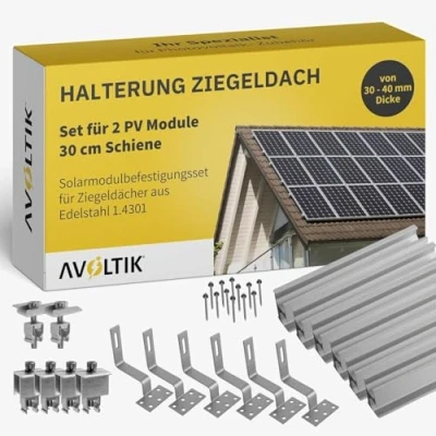 Abbildung von Solar Halterung Ziegeldach I Set für 3 PV Module 30 40mm Solarmodul Balkonkraftwerk Solarmodulbefestigungsset Ziegeldächer aus Edelstahl 1.4301 (Silber, 2 Module)