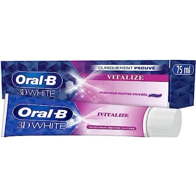 Abbildung von Oral B Zahnpasta 3D White Vitalize 75 ml entfernt bis zu 87% der Flecken auf Oberfläche für weißere Zähne