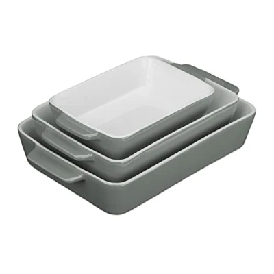 Abbildung von Relaxdays Auflaufform Set, 3 Größen, eckig, Keramik, spülmaschinenfest, Ofenschale, für Lasagne und Gratins, grau/weiß 6 x 33 20 cm