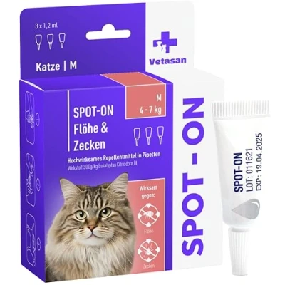 Abbildung von Vetasan Spot ON für Katzen 4 7kg (M) gegen Flöhe &amp; Zecken 3 Monate Schutz ohne Chemie Zeckenmittel Floh und Zeckenschutz