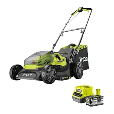 Abbildung von RYOBI 18 V ONE+ Akku Rasenmäher RY18LM37A 140 (Schnittbreite 37 cm, 6 fache Höhenverstellung 20 70 mm, Variables Griffgestänge inkl. Mulchkeil, 1 x 4,0Ah &amp; Ladegerät)
