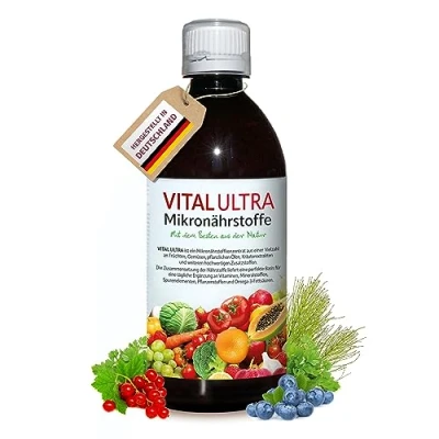 Abbildung von Vital Ultra 480 ml Mikronährstoffkonzentrat mit Vitaminen, Mineralien, Spurenelementen, Pflanzenstoffen und Omega 3 Fettsäuren flüssiges Lebensmittel aus über 70 Zutaten bis zu 60 Portionen