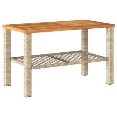 Abbildung von vidaXL Gartentisch, Beistelltisch für Garten Terrasse, Couchtisch mit Holzplatte, Balkontisch Kaffeetisch Gartenmöbel, Beige Poly Rattan Akazienholz