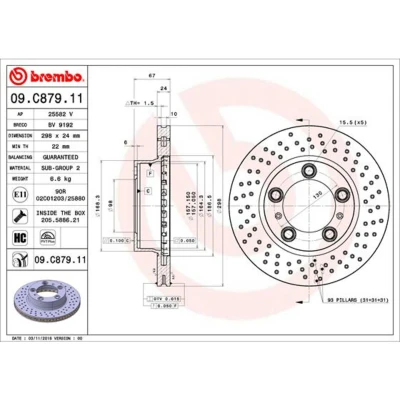 Abbildung von BREMBO 09.C879.11 Bremsscheibe 298 24 5 gelocht/innenbel. beschichtet hochgekohlt mit Schrauben PORSCHE: Cayman, Boxster