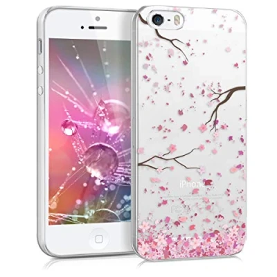 Abbildung von kwmobile Case kompatibel mit Apple iPhone SE (1.Gen 2016) / 5 5S Hülle Silikon Transparent Kirschblütenblätter Rosa Dunkelbraun