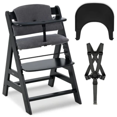 Abbildung von hauck Hochstuhl Alpha Plus mit Tablett Click Tray und Sitzpolster Mitwachsender Babystuhl aus Holz, Kinderhochstuhl ab 6 Monate, verstellbar Schwarz
