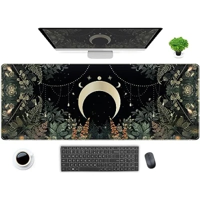Abbildung von Niedliche grüne Waldblätter Schreibtischunterlage, skurrilen Mond, XL, groß, erweitertes Gaming Mauspad mit genähten Kanten, Computer Laptop Tastatur, Mauspad, 80 x 30 cm,