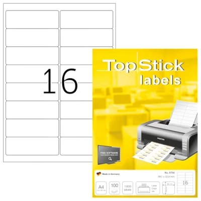 Abbildung von TopStick 8756 Adressetiketten, 100 Blatt, 99,1 x 33,9 mm, 16 pro A4 Bogen, 1600 Stück, selbstklebend, bedruckbar, matt, blanko Papier Adressaufkleber Etiketten, weiß