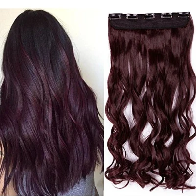 Abbildung von SEGO 61cm Haarteil Clip in Extensions 1 Tresse 5 Clips Haarverlängerung Human Hair wie Echthaar Gewellt Weinrot 24&quot;(61cm) 120g