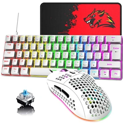 Abbildung von 60 % UK Layout Kabelgebundene Gaming Tastatur und Maus 62Keys Mini Compact Mechanical Keyboard, 19 Rainbow Lighting Effect +6 RGB Effect6400 DPI Leichte (weiß/Blauer Schalter)