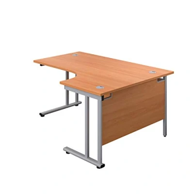 Abbildung von Office Hippo Robuster Büroschreibtisch, rechter Ecktisch, stark, verlässlich, mit integrierter Kabelführung und Doppelstützen, PC Tisch für Büro oder Zuhause, Buchentischplatte/silberfarbenes Gestell