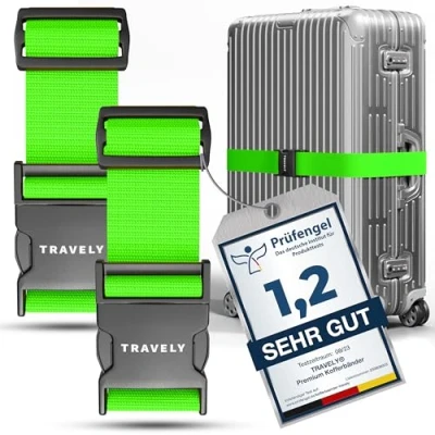 Abbildung von Travely® Premium Koffergurt Besonders Auffällig &amp; Sicher Inkl. 2 Namensschildern Gepäckband ideal über Kreuz [2er Set] Grün