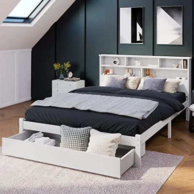 Abbildung von KUAKE Einzelbett mit Schrank, jugendbett Bücherregal &amp; Unterbettschublade, weiß Bett Regalwand, Funktionsbett, Kinderbett, Jugendbett, Bettliege (140x200cm)