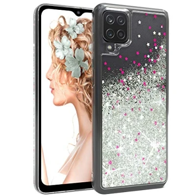 Abbildung von EAZY CASE Hülle kompatibel mit Samsung Galaxy A12 Schutzhülle Flüssig Glitzer, Handyhülle, Schutzhülle, Back Cover Glitter Flüssigkeit, TPU/Silikon, Transparent/Durchsichtig, Silber