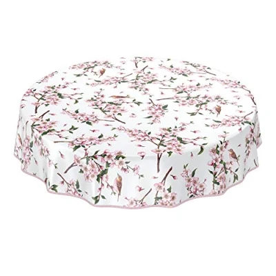 Abbildung von ANRO Wachstuch Tischdecke abwaschbar Wachstuchtischdecke Wachstischdecke Sakura Vogel Rund 140cm mit Saum Eingefasst