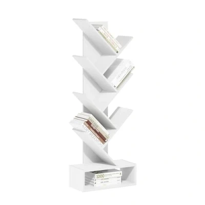 Abbildung von Furinno Tree Bücherregal 7 stufiges bodenstehendes Baumbücherregal mit unterem Regal, Weiß