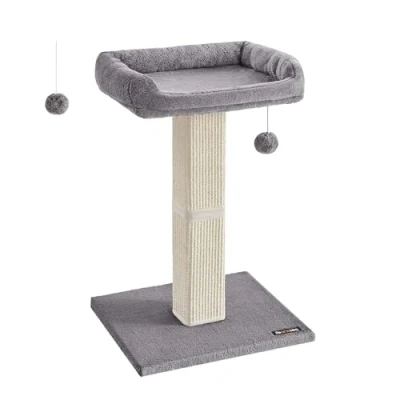 Abbildung von Feandrea Kratzbaum, Katzenbaum mit 40 x 30 cm Plattform aus Plüsch, Kratzstamm, Katzenkratzbaum, 71 hoch, Kratzsäule geflochtenem Sisal, 45 Sockel, Plüschball, hellgrau PCA022W01