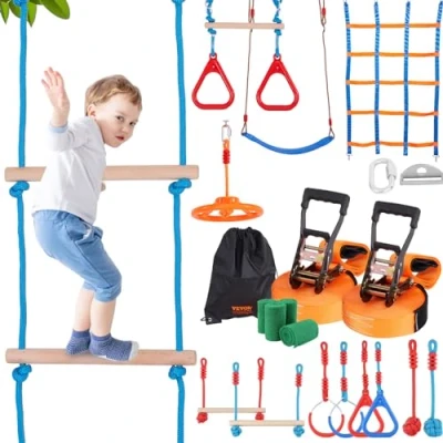 Abbildung von VEVOR Ninja Slackline Hindernisse Set 2 x 18,29 m Slacklines, 226,8 kg Tragkraft Hinderniskurs, Outdoor Spielset Ausrüstung, Hinterhofspielzeug Trainingsausrüstungsset mit 14 Hindernissen