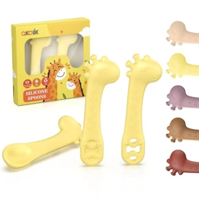 Abbildung von akolik Esslernlöffel für Baby, Weiche Silikon Breilöffel, Lernlöffel, BPA frei, Babylöffel BLW, Giraffen Einsteiger Besteck, Fütterlöffel und Beißhilfe Kinder ab 4 6+ Monaten
