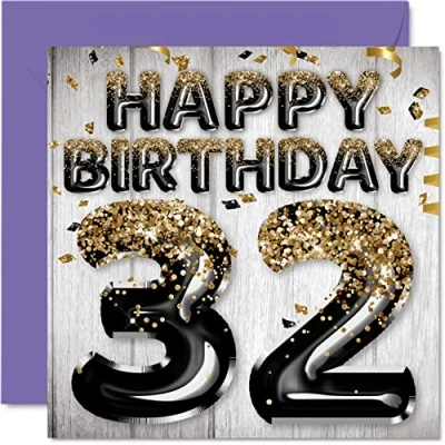 Abbildung von Stuff4 Geburtstagskarte zum 32. Geburtstag für Männer schwarze und goldene Glitzerballons Happy Karten 32 Jahre alten Mann Freund Bruder Papa Onkel, 145 mm x Grußkarten Geschenk