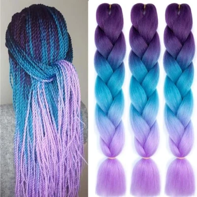 Abbildung von Kanekalon Braiding hair Ombre Jumbo Braid extensions 3Pack Kunsthaar Haar Für Crochet Twist Flechten (Dunkellila Seeblau Helllila)