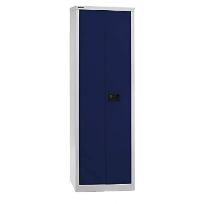 Abbildung von BISLEY Flügeltürenschrank Universal, 4 Fachböden, 5 OH, B 600 mm, Metall, 505 Korpus Lichtgrau, Fronten Oxfordblau, 40 x 60 195 cm