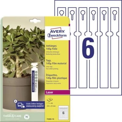Abbildung von AVERY Zweckform T3008 10 wetterfeste Schlaufenanhänger 60 Stück (250x25mm auf A4, beidseitig bedruckbare Schlaufenetiketten, reißfeste Schlüsselanhänger, robuste Pflanzenbeschriftung) Folie, weiß