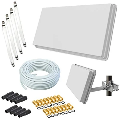 Abbildung von netshop 25 SAT Flachantenne Quad H30D4 + Finder 50m Kabel Anschluss Set (4 Fensterdurchführung 16 F Stecker 8 Wetterschutztüllen)