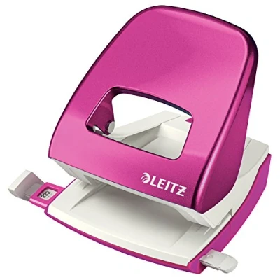 Abbildung von Leitz Büro Locher aus Metall, Für 30 Blatt, Anschlagschiene mit Formatvorgaben, Ergonomisches Design, Blister Verpackung, pink, WOW Serie, 50082023