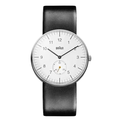 Abbildung von Braun Small Second Mens Analogue Quartz Watch, White Dial and Black Leather Strap, 38mm Stainless Steel Case, Model BN0024WHBKG.