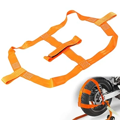 Abbildung von Spanngurte Autotransport: 48mm Spanngurt orange Radsicherung Zurrgurte Reifengurt Automatik Motorrad Transportsicherung Transport Zurrschlaufen PWK Anhänger Zubehör