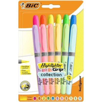 Abbildung von BIC Highlighter Grip Textmarker mit abgeschrägter Spitze, verstellbar, Farben in intensiven und Pastelltönen, sortiert, 12 Stück