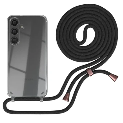 Abbildung von EAZY CASE Handykette kompatibel mit Galaxy S25 Handyhülle Umhängeband, Handykordel Schutzhülle, Silikonhülle, Hülle Band, Stylische Kette für Smartphone, Schwarz Clips in Rose