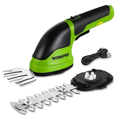 Abbildung von WORKPRO Gartenschere 3,6V, handliche Grasschere und Strauchschere elektrisch mit 2 Messern 2.000mAh Akku Typ C Kabel, in 1 Rasenkantenschneider Schnittbreite 7.5cm, Schnittlänge 12cm