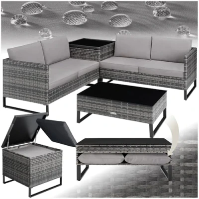 Abbildung von tectake® Poly Rattan Lounge Sitzgruppe, Gartenmöbel Set mit Sofa, Tisch Glasplatte, Auflagenbox, Outdoor Kissen wetterfest, Möbel für Garten, Balkon, Terrasse oder Wintergarten grau