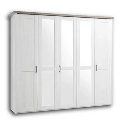 Abbildung von LUCA Eleganter Kleiderschrank im Landhausstil 5 türig Vielseitiger Drehtürenschrank mit drei Spiegeltüren in Pinie Weiß / Trüffel 241 x 212 62 cm (B/H/T)