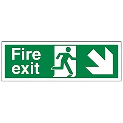 Abbildung von VSafety 14006 AX R Notausgangsschild &quot;Fire Exit&quot; mit Pfeil nach unten rechts, 1 mm Hartkunststoff, Querformat, 300 x 100 mm, grün