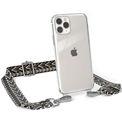 Abbildung von EAZY CASE Handykette Verstellbarer Gurt kompatibel mit iPhone 11 Pro, Schulterriemen, Flache Kordel, Handykordel Hülle, Hülle Kette, Anthrazit/Schwarz Metall Silber