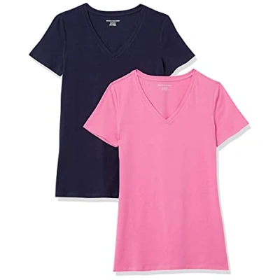 Abbildung von Amazon Essentials Damen Kurzärmeliges T Shirt mit V Ausschnitt, Klassischer Schnitt, 2er Pack, Rosa/Marineblau, XXL