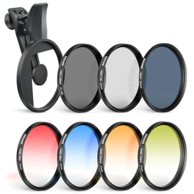Abbildung von NEEWER 67mm ND Filter Set Kompatibel mit iPhone, 7er Pack, aufsteckbarer CPL Polfilter zirkularer polarisationsfilter+ND32+Sternenlicht+GND (Rot/Orange/Gelb/Blau), Kameraobjektiv Zubehörset, FL P12