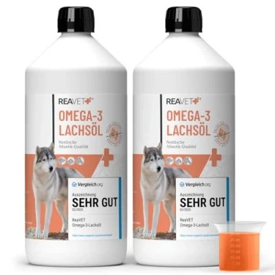 Abbildung von TESTURTEIL SEHR GUT 2025 ReaVET Lachsöl Hunde 1 Liter im 2er Set Reich an Omega 3 &amp; 6, Fischöl Hund hochdosiert I Echte Lebensmittelqualität ohne Zusätze Frisch abgefüllt in Deutschland