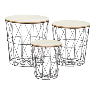 Abbildung von Metall Beistelltisch mit Stauraum schwarz 3er Set/helle Tischplatten Wohnzimmer Tisch Abnehmbarer Holz Platte Metallkorb Sofatisch Couchtisch