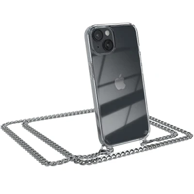 Abbildung von EAZY CASE Handykette kompatibel mit iPhone 14 Handyhülle Metall Umhängeband und Ersatz Kordel schwarz, Handykordel Schutzhülle, Stylische Kette Smartphone Hülle, Metal Silber