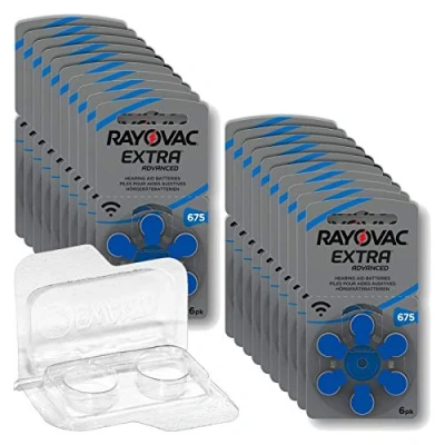 Abbildung von 120x Rayovac Extra Advanced 675 Hörgerätebatterien 20x6er Blister PR44 Blau 24600 + Aufbewahrungsbox für 2 (10, 13, 312, 675), Batteriebox Knopfzellen bis 12 mm x 6 (Ø H)