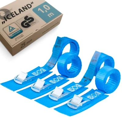 Abbildung von valonic Iceland Kurze Spanngurte, TÜV Rheinl. / GS Zertifiziert, mit Pad, 1m, 25mm, 250kg, EN 12195 2 4 Stück Spanngurt Klemmschloss für Fahrradträger, Fahrrad, Kajak, kurz, blau