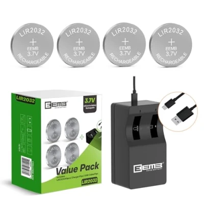 Abbildung von EEMB LIR2032 Wiederaufladbare Batterie Ladegerät mit 4PCS 3.7V Lithium Ionen Münze Knopf Zelle 45mAh für Auto Remote Key Fob Uhr