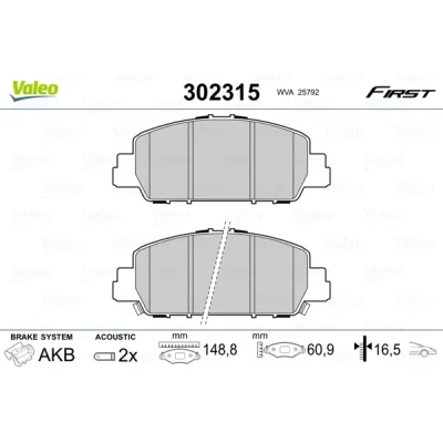 Abbildung von VALEO 302315 Bremsbelagsatz Vorderachse inkl. Verschleißwarnkontakt mit Anti Quietsch Blech HONDA: HR V II, Accord 9 Limousine