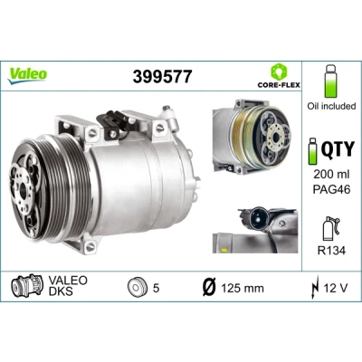 Abbildung von VALEO 399577 Kompressor DKS 12 PAG 46 R 134a mit Kompressoröl FORD: Focus 2 Schrägheck, Kombi, KUGA 1, VOLVO: V50, S40 II, C30