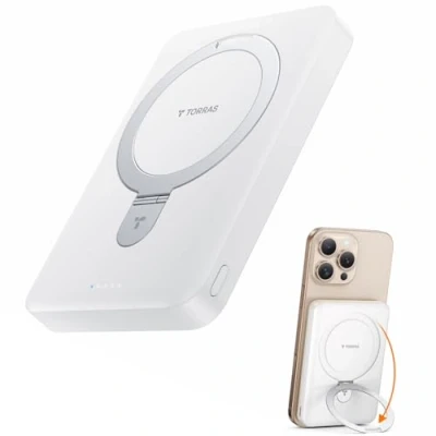 Abbildung von TORRAS Powerbank für MagSafe,10000mAh einklappbare magnetische kabellose Power Bank mit USB C Schnell Aufladende,Nur kompatibel iPhone 16 Pro Max 15 14 13 12(Weiß)